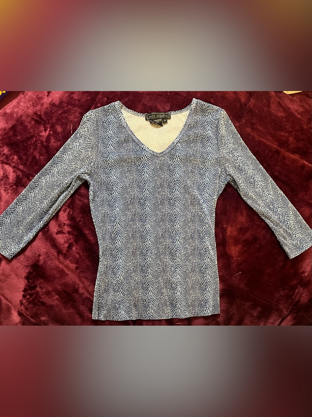 Tess Studio Blue & White Textured Abstract V-Neck Long Sleeve Top S
